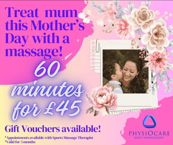 A woman is kiessed on the cheek by her child. Text reads Treat mum this Mother's Day with a massage