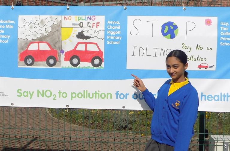 Aeyva from Charvil Piggott Primary School with a design showing how the air looks clearer and clouds look happier when car engines are turned off