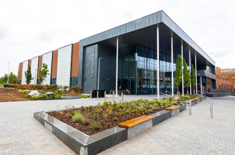 The entrance and gardens outside the front of the Carnival Hub in Wokingham