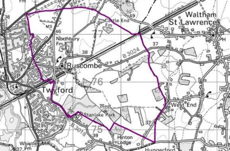 A map showing the area of the parish of Ruscombe