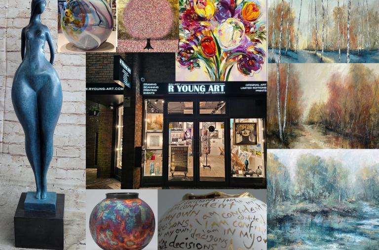 Collage of paintings, art pieces and shop front for R Young Gallery in Wokingham