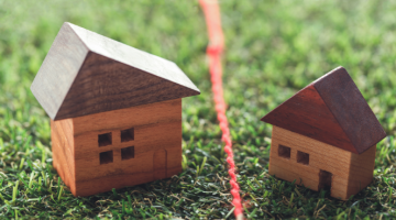 Two small wooden houses on grass with a red line dividing them