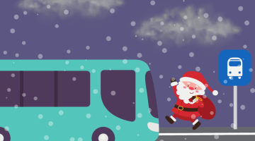 A cartoon Santa catching a bus on a snowy night